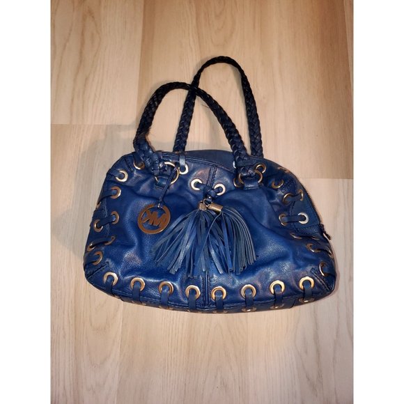 Michael Kors Blue Leather Handbag With Braided Handles & Tassel Detailing - Picture 1 of 11